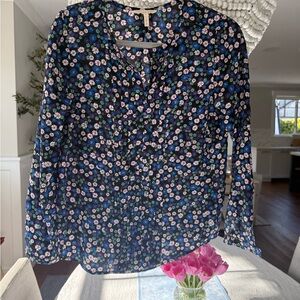 Rebecca Taylor Ruffled Long Sleeve Blouse in Blue and Pink